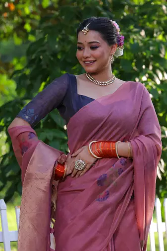 Women's pink soft muga cotton resham jamdani weaving traditional saree with blouse