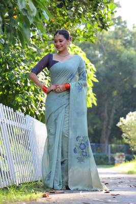 Women's sky blue soft muga cotton resham jamdani weaving traditional saree with blouse 1