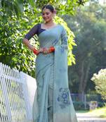 Women's sky blue soft muga cotton resham jamdani weaving traditional saree with blouse