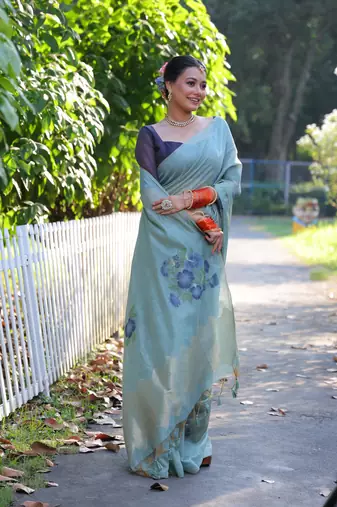 Women's sky blue soft muga cotton resham jamdani weaving traditional saree with blouse
