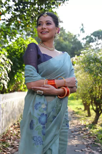 Women's sky blue soft muga cotton resham jamdani weaving traditional saree with blouse