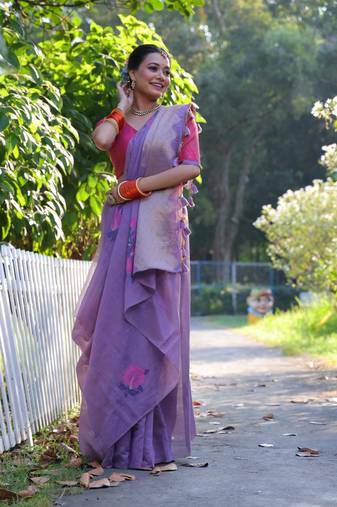 Women's purple soft muga cotton resham jamdani weaving traditional saree with blouse