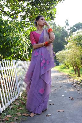 Women's purple soft muga cotton resham jamdani weaving traditional saree with blouse 2