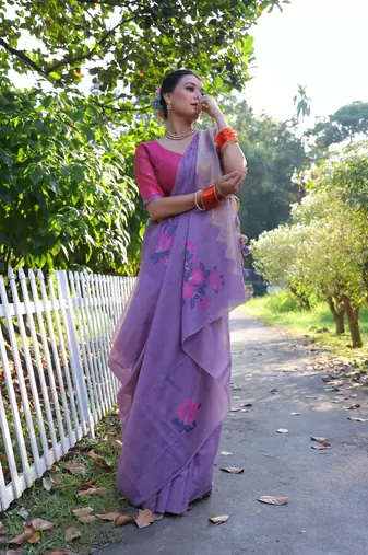 Women's purple soft muga cotton resham jamdani weaving traditional saree with blouse