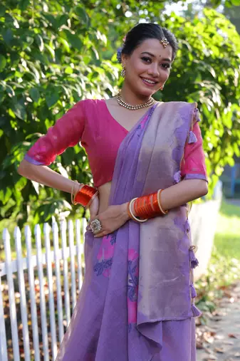 Women's purple soft muga cotton resham jamdani weaving traditional saree with blouse