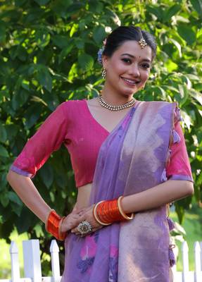 Women's purple soft muga cotton resham jamdani weaving traditional saree with blouse 4
