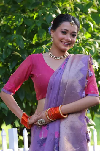 Women's purple soft muga cotton resham jamdani weaving traditional saree with blouse