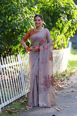 Women's grey soft muga cotton resham jamdani weaving traditional saree with blouse 1