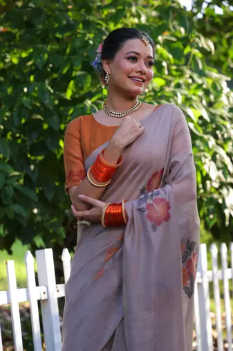 Women's grey soft muga cotton resham jamdani weaving traditional saree with blouse