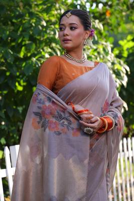 Women's grey soft muga cotton resham jamdani weaving traditional saree with blouse 3