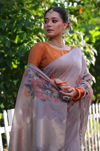 Women's grey soft muga cotton resham jamdani weaving traditional saree with blouse