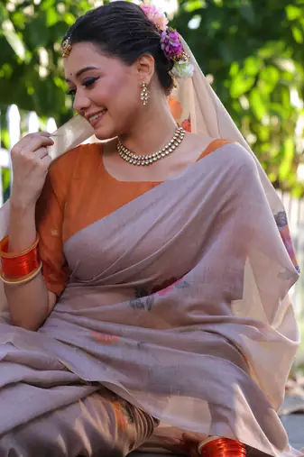Women's grey soft muga cotton resham jamdani weaving traditional saree with blouse