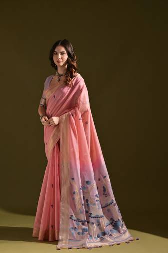 Women's baby pink soft muga cotton resham zari weaving traditional saree with blouse