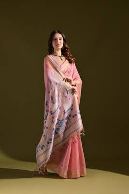 Women's baby pink soft muga cotton resham zari weaving traditional saree with blouse 2