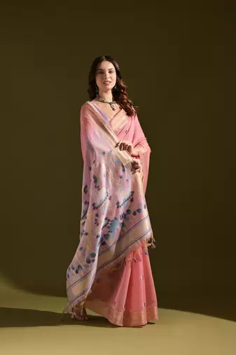 Women's baby pink soft muga cotton resham zari weaving traditional saree with blouse