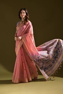 Women's baby pink soft muga cotton resham zari weaving traditional saree with blouse 3