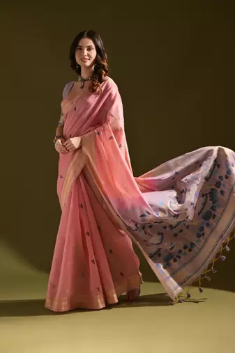 Women's baby pink soft muga cotton resham zari weaving traditional saree with blouse