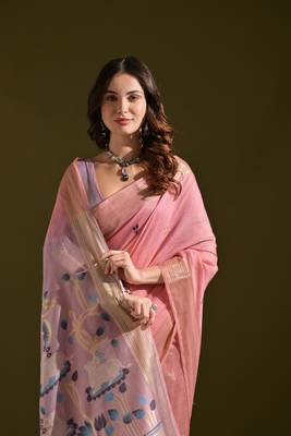 Women's baby pink soft muga cotton resham zari weaving traditional saree with blouse 4