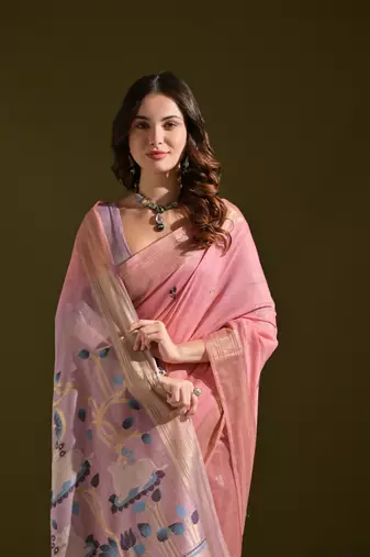 Women's baby pink soft muga cotton resham zari weaving traditional saree with blouse