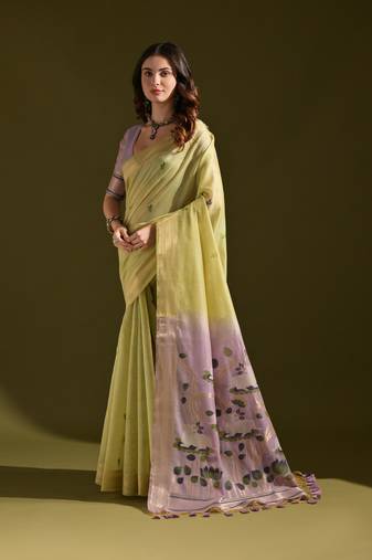 Women's green soft muga cotton resham zari weaving traditional saree with blouse