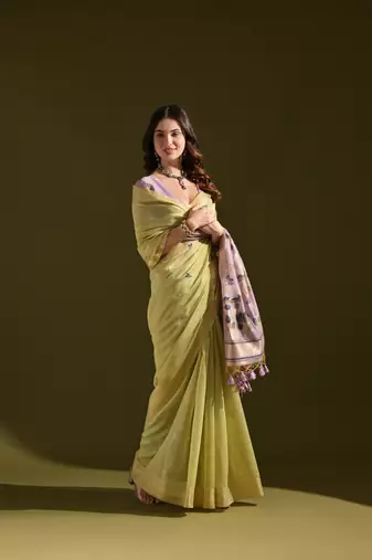 Women's green soft muga cotton resham zari weaving traditional saree with blouse