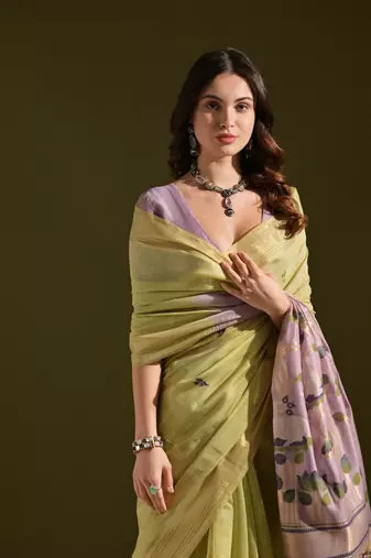 Women's green soft muga cotton resham zari weaving traditional saree with blouse