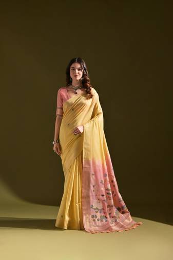 Women's yellow soft muga cotton resham zari weaving traditional saree with blouse
