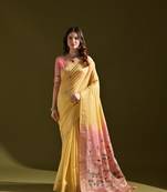 Women's yellow soft muga cotton resham zari weaving traditional saree with blouse