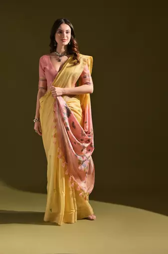 Women's yellow soft muga cotton resham zari weaving traditional saree with blouse