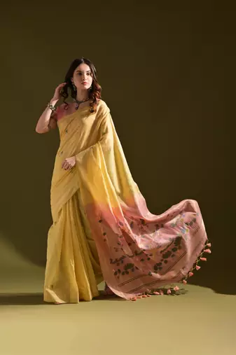 Women's yellow soft muga cotton resham zari weaving traditional saree with blouse