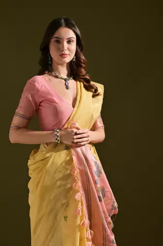 Women's yellow soft muga cotton resham zari weaving traditional saree with blouse