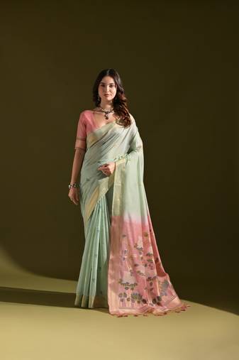 Women's sky blue soft muga cotton resham zari weaving traditional saree with blouse