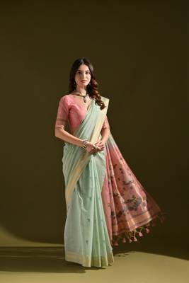 Women's sky blue soft muga cotton resham zari weaving traditional saree with blouse 2