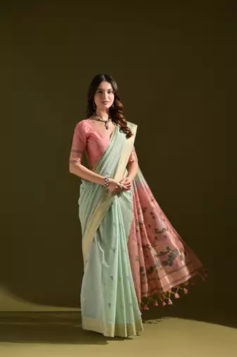 Women's sky blue soft muga cotton resham zari weaving traditional saree with blouse