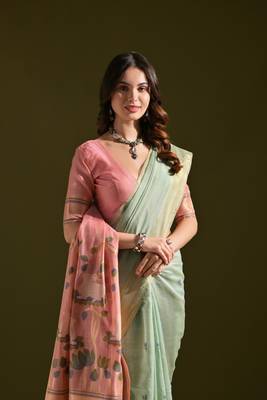 Women's sky blue soft muga cotton resham zari weaving traditional saree with blouse 3