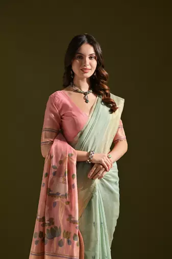 Women's sky blue soft muga cotton resham zari weaving traditional saree with blouse