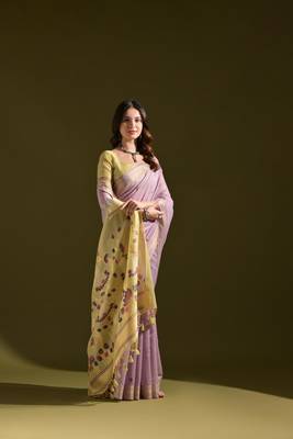 Women's purple soft muga cotton resham zari weaving traditional saree with blouse 2