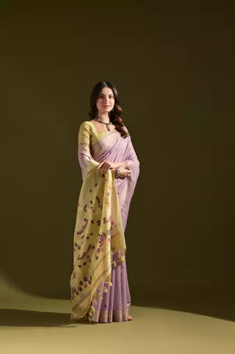Women's purple soft muga cotton resham zari weaving traditional saree with blouse