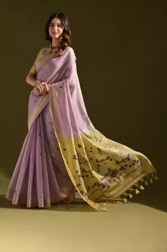 Women's purple soft muga cotton resham zari weaving traditional saree with blouse