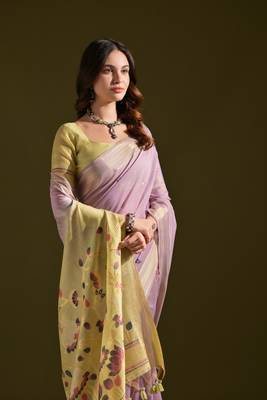 Women's purple soft muga cotton resham zari weaving traditional saree with blouse 4
