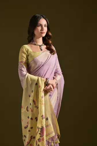 Women's purple soft muga cotton resham zari weaving traditional saree with blouse