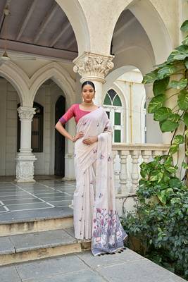 Women's navy blue soft muga cotton floral weaving traditional saree with blouse 1