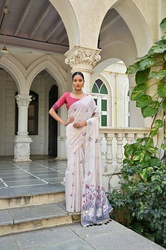 Women's navy blue soft muga cotton floral weaving traditional saree with blouse