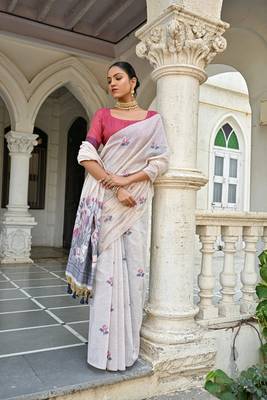 Women's navy blue soft muga cotton floral weaving traditional saree with blouse 2