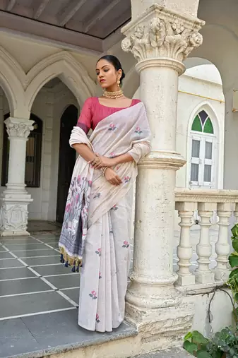 Women's navy blue soft muga cotton floral weaving traditional saree with blouse