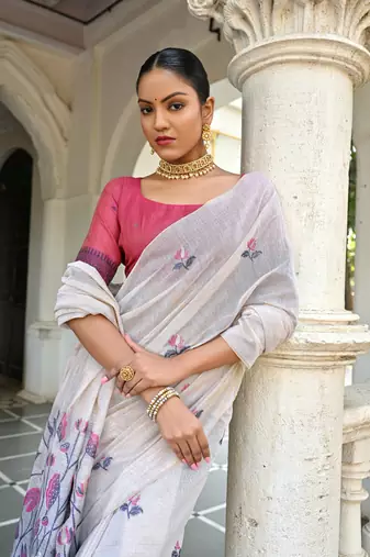 Women's navy blue soft muga cotton floral weaving traditional saree with blouse