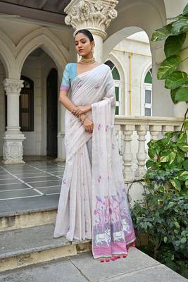 Women's pink soft muga cotton floral weaving traditional saree with blouse 1