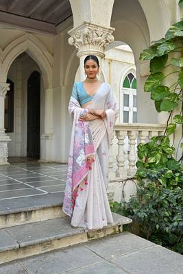 Women's pink soft muga cotton floral weaving traditional saree with blouse 2