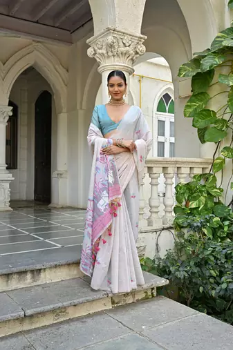 Women's pink soft muga cotton floral weaving traditional saree with blouse