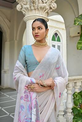 Women's pink soft muga cotton floral weaving traditional saree with blouse 3